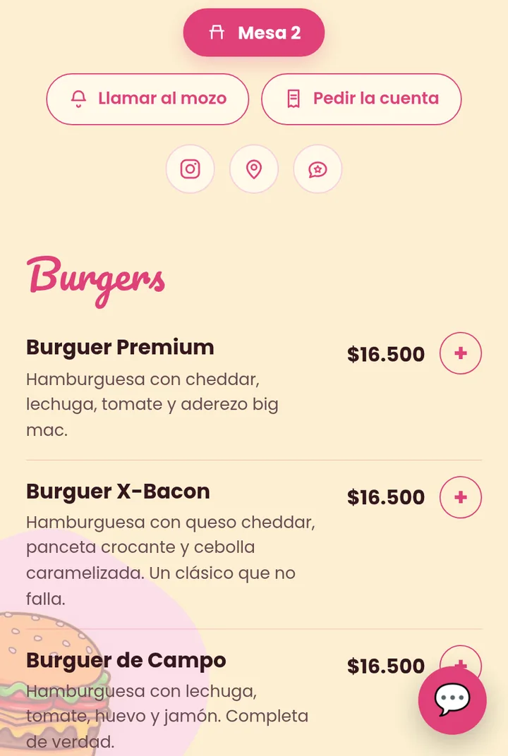 Carta digital en el celular con botones para llamar al mozo y pedir la cuenta.