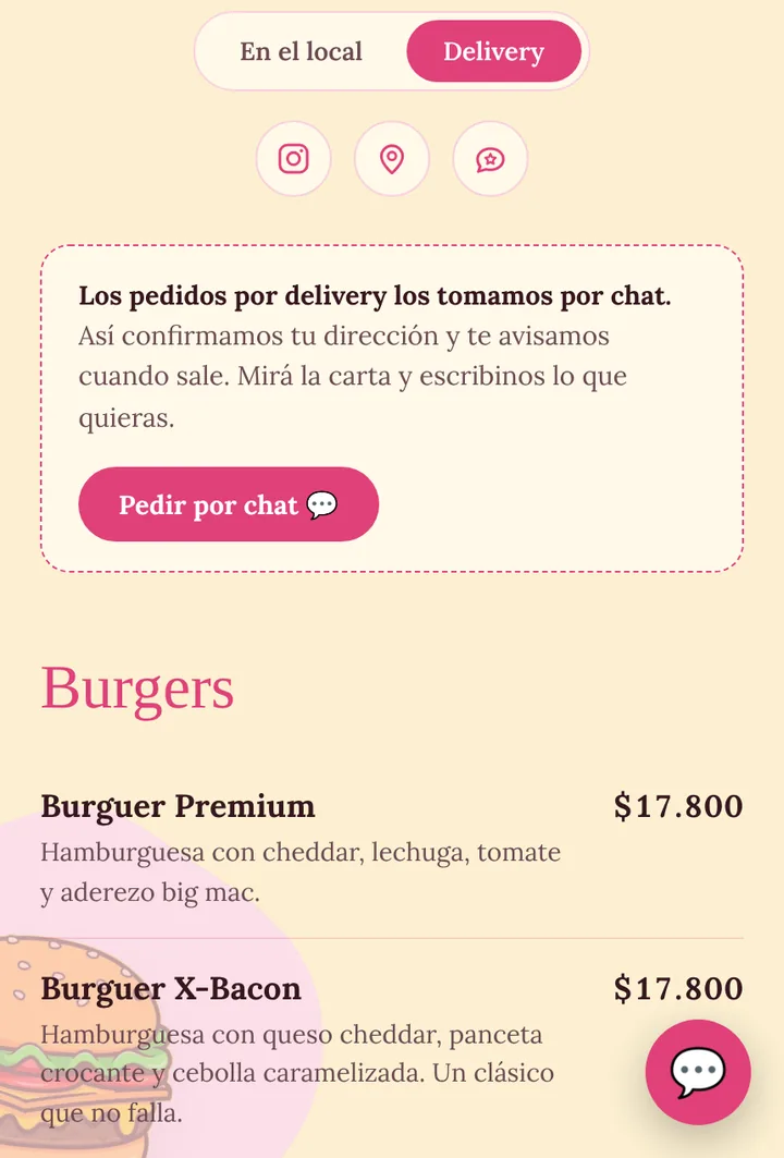 Carta en modo delivery que deriva el pedido al chat.