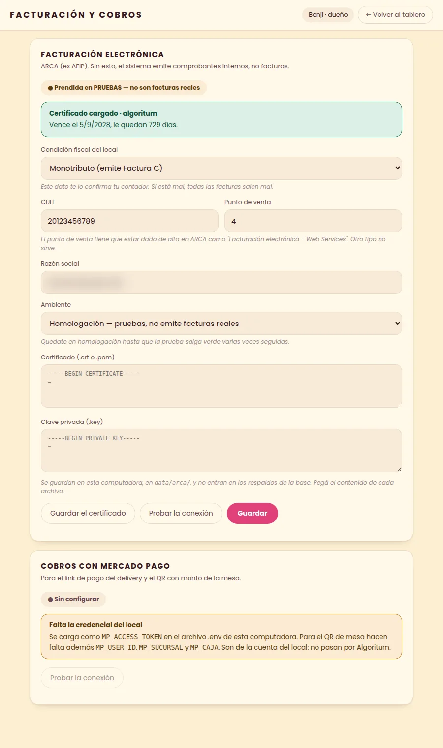 Configuración de facturación electrónica y cobros con Mercado Pago.
