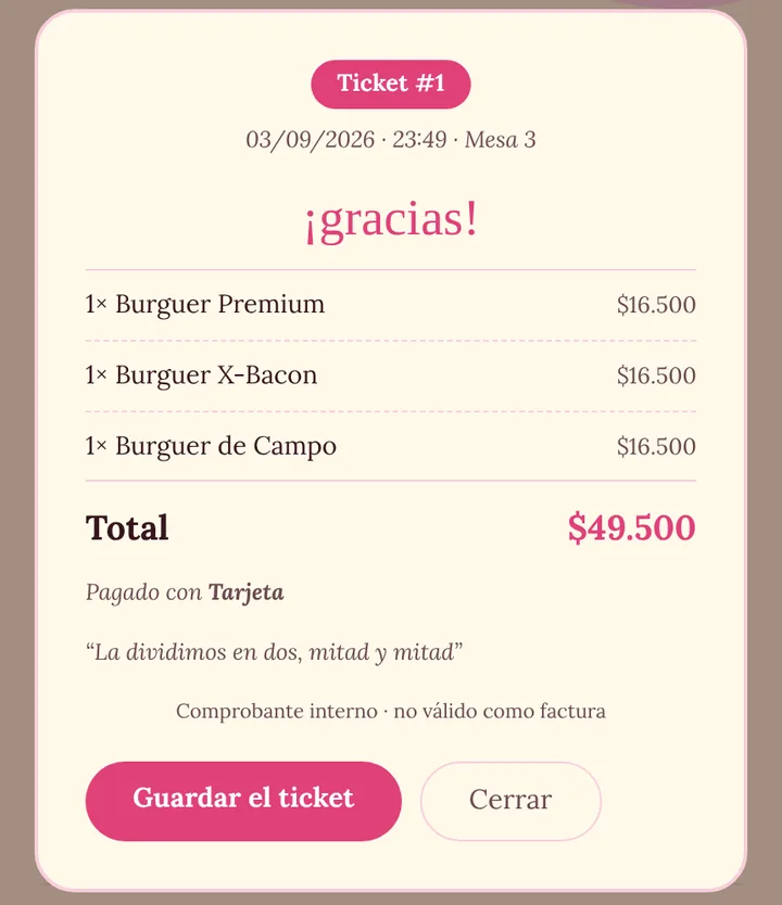 Ticket del comensal con el detalle de lo consumido.