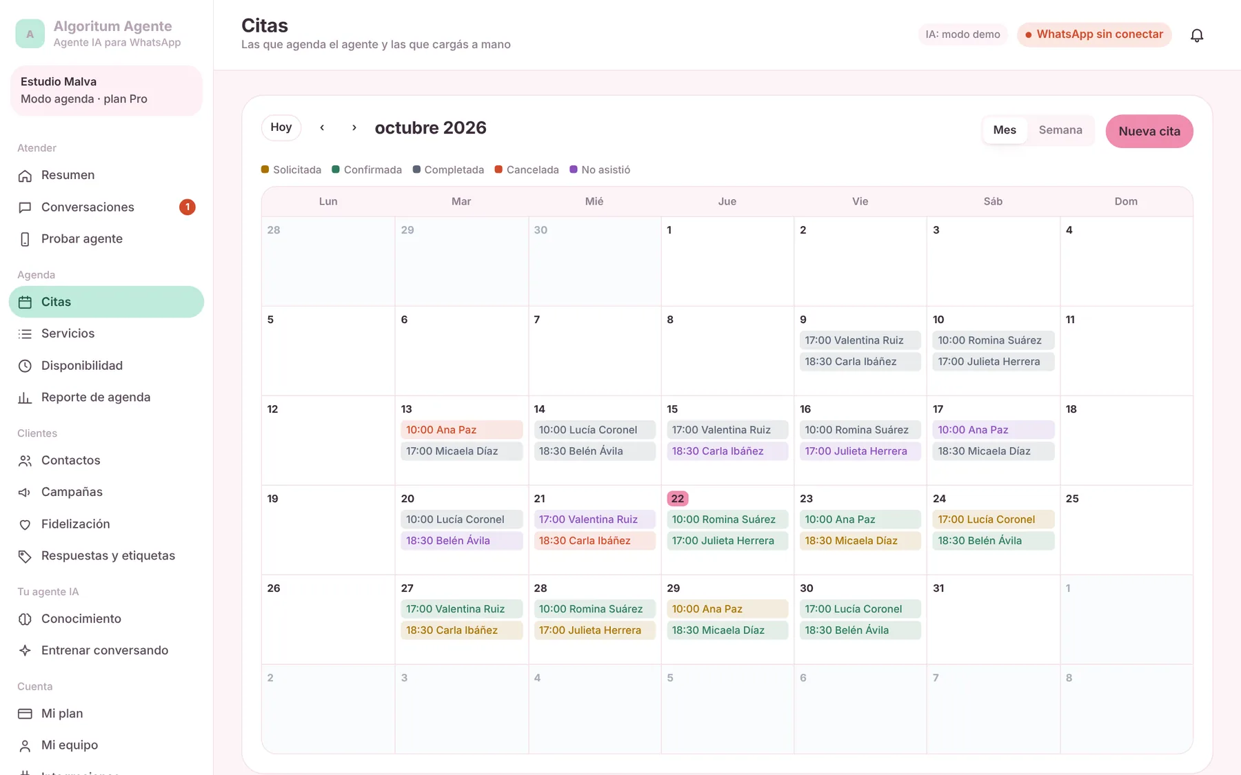 Calendario mensual con citas confirmadas, solicitadas y completadas.