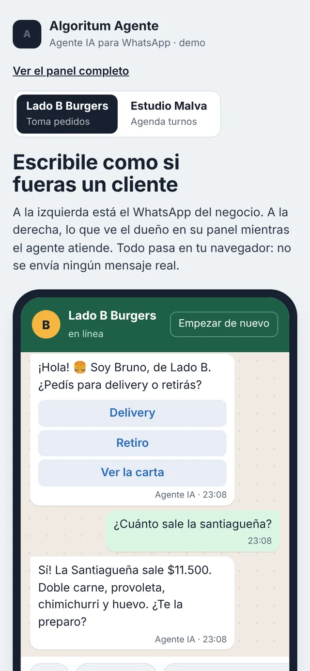 Chat del cliente con botones de delivery, retiro y carta.
