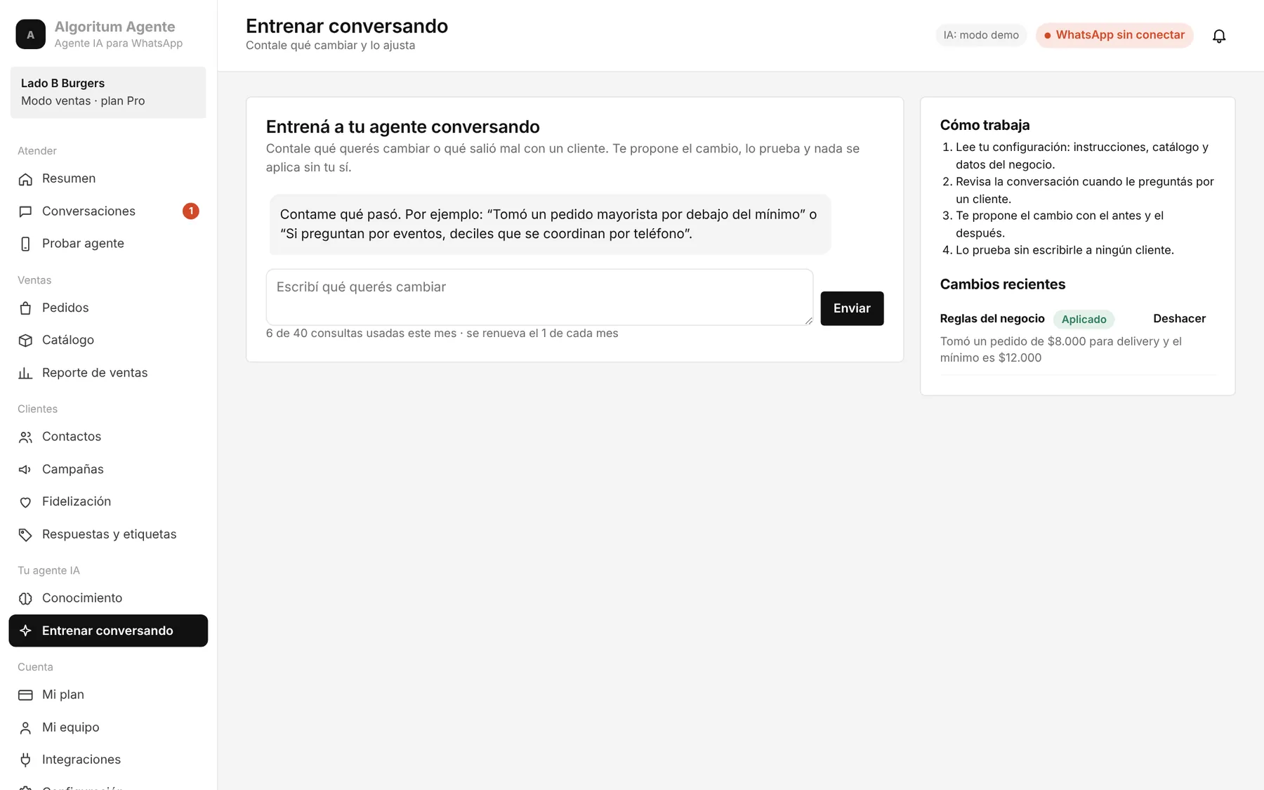 Pantalla para entrenar al agente contándole qué cambiar.