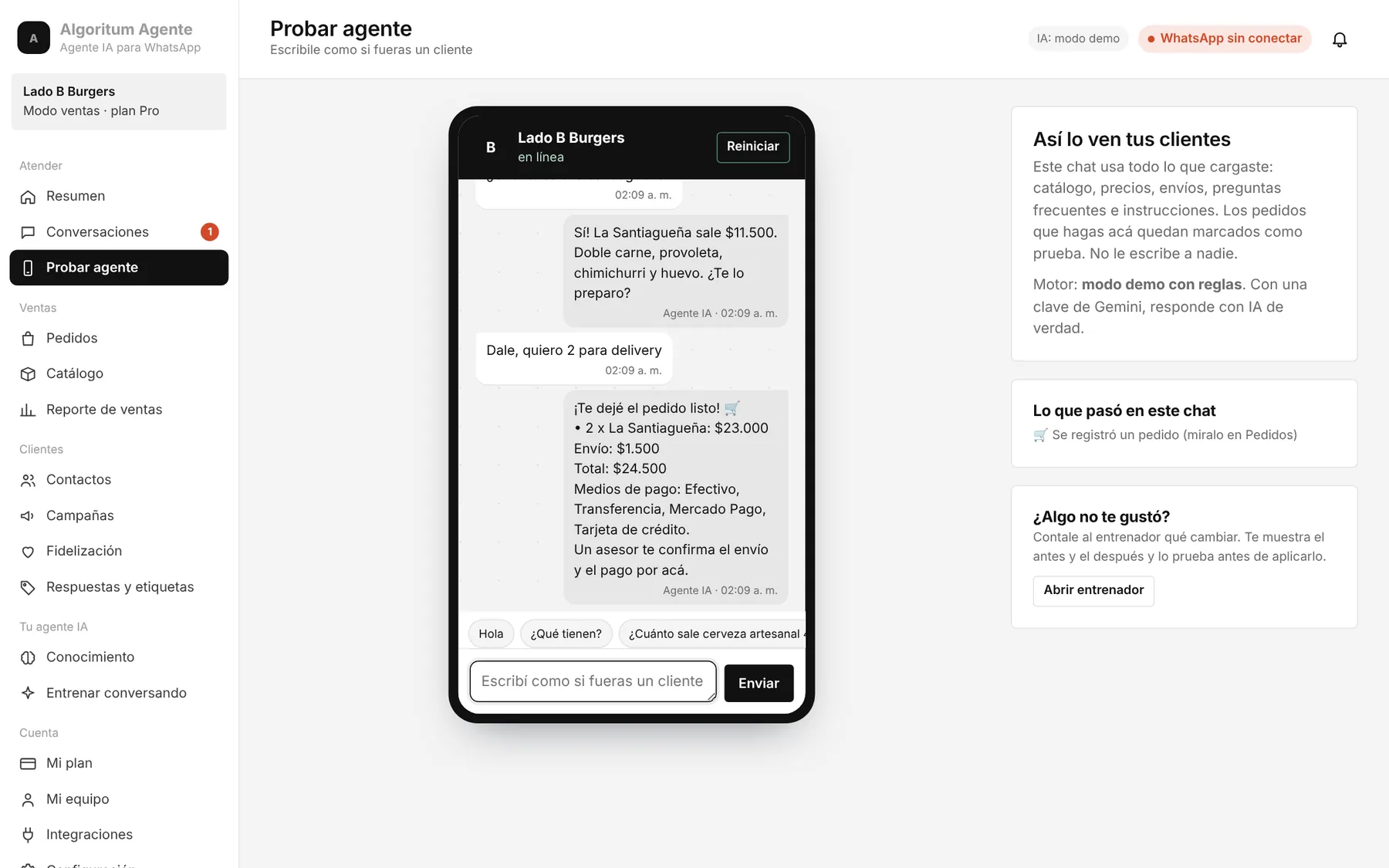 Simulador de WhatsApp donde el agente toma un pedido de dos hamburguesas con envío.