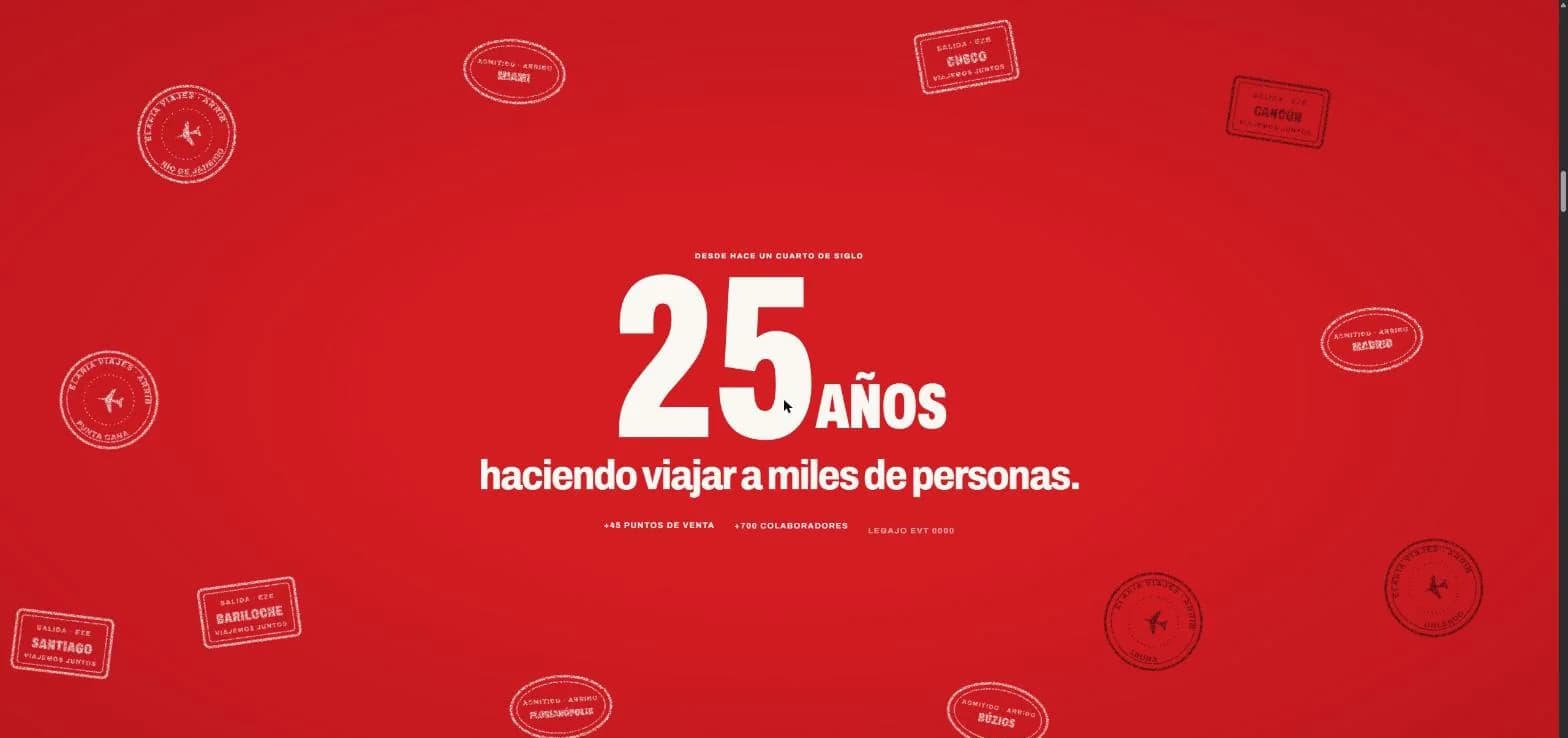 El número 25 años rodeado de sellos de pasaporte.
