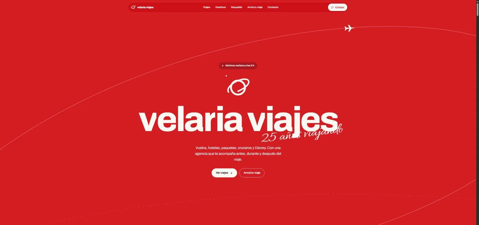 Portada de Velaria Viajes: el nombre en tipografía gigante sobre rojo, con la anotación 25 años viajando.